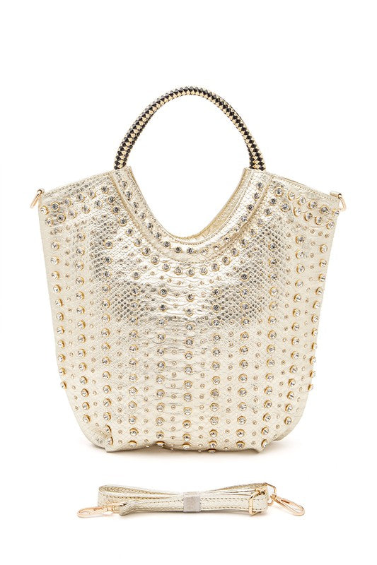 Crystal Studs Embellished Top Handle Tote Bag