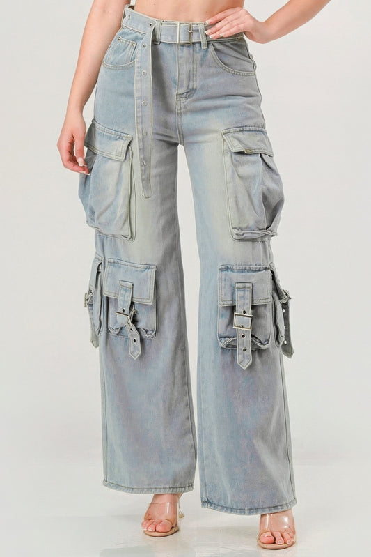 Belted Denim Cargo Jeans