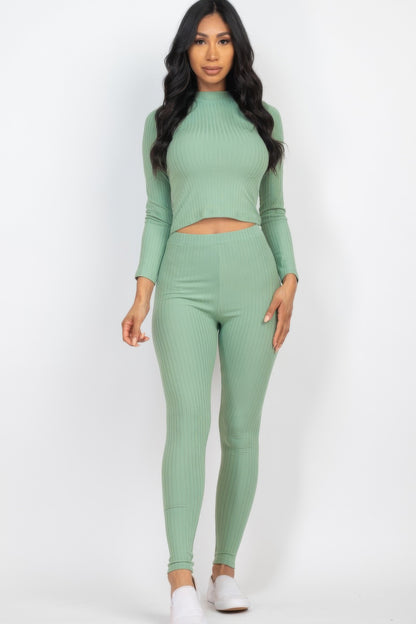 Ribbed Mock Neck Long Sleeve Leggings Set