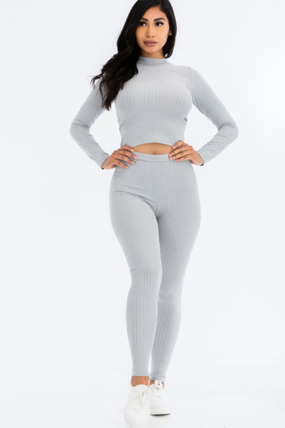 Ribbed Mock Neck Long Sleeve Leggings Set