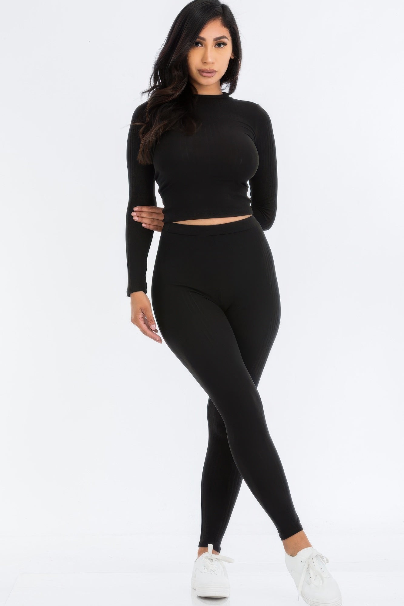 Ribbed Mock Neck Long Sleeve Leggings Set