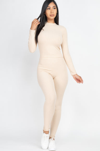 Ribbed Mock Neck Long Sleeve Leggings Set