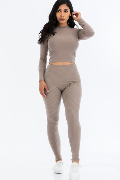 Ribbed Mock Neck Long Sleeve Leggings Set